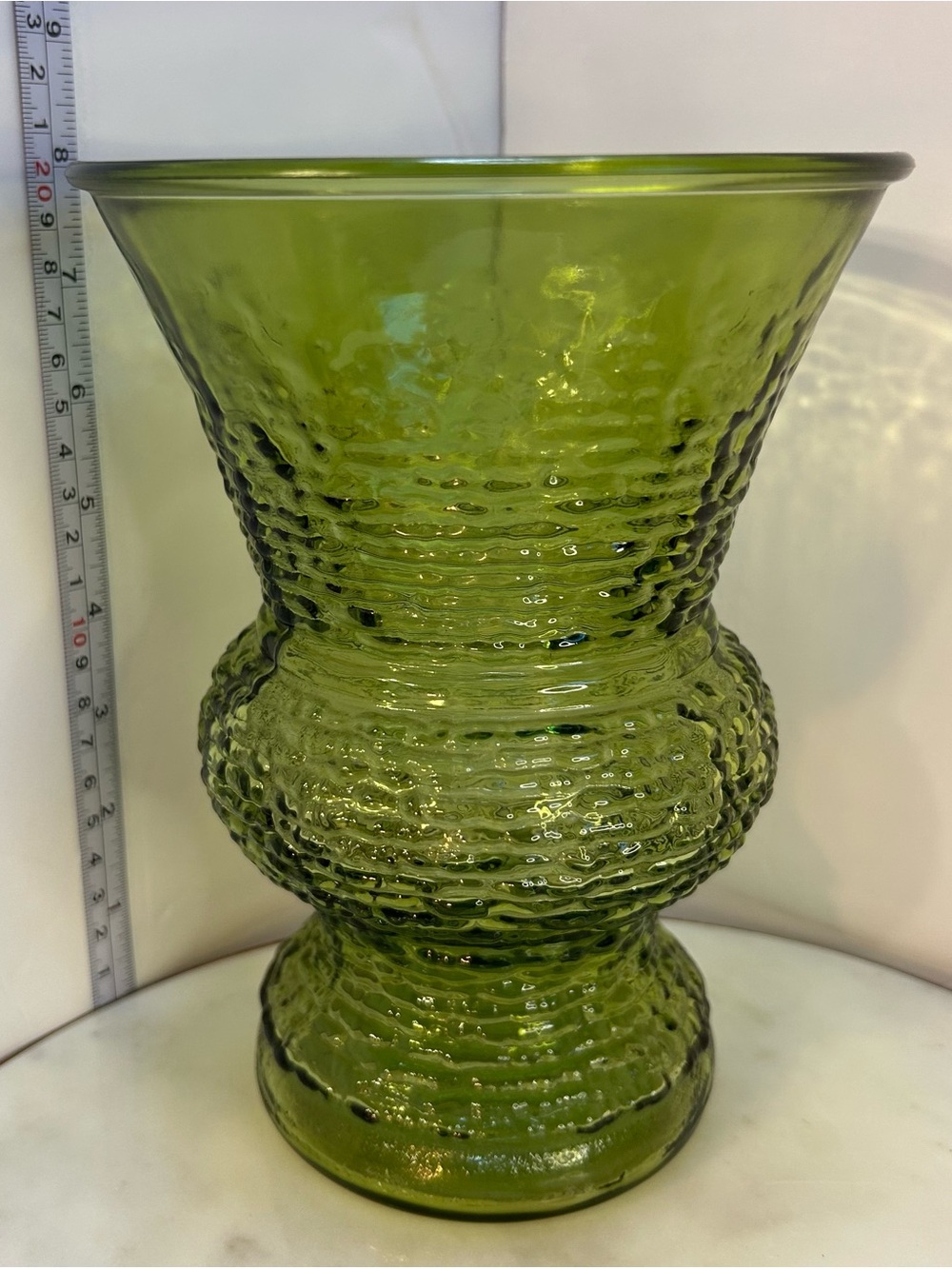 Vintage Unmarked Green Textured Glass Vase Flared Rim Footed - 8” Tall